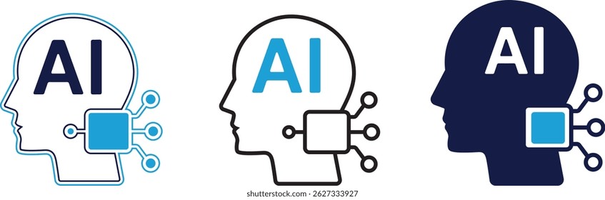 ícone de inteligência artificial set machine learning, rede neural, robô, cérebro, cabeça inteligente, dados