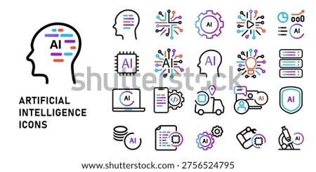Artificial Intelligence icon set for machine learning and digital technology featuring neural networks and brain symbols with robotic automation and smart data analysis vector line art icons  future tech