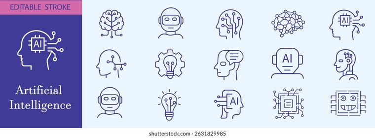 Ícone de inteligência artificial definido em estilo plano moderno com aprendizagem de máquina, rede neural, automação, análise de dados, robótica e símbolos de tecnologia
