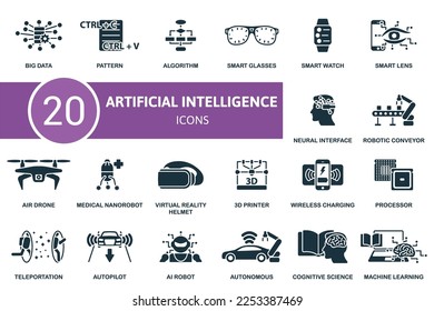 Artificial Intelligence icon set. Monochrome simple Artificial Intelligence icon collection. Big Data, Pattern, Algorithm, Smart Glasses, Smart Watch, Autopilot, Ai Robot, Autonomous, Cognitive