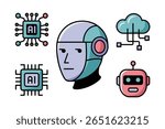 Artificial intelligence icon set, robot head, ai chip, neural network, futuristic technology, modern vector illustration