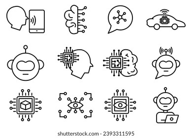 conjunto de iconos de inteligencia artificial. cabeza de robot, aire cerebral, brazo de robot, visión de computadora, big data, asistente de ai, aprendizaje profundo, etc. diseño de estilo de icono de línea. diseño de vector simple editable