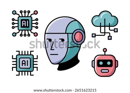 Artificial intelligence icon set, robot head, ai chip, neural network, futuristic technology, modern vector illustration