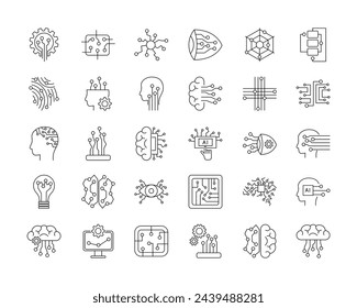 Artificial intelligence icon set in simple line style. Pictograms of digital AI technology, machine learning, smart robotic. isolated outline vector illustration