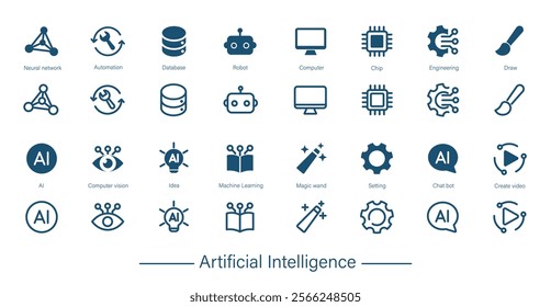 Artificial intelligence icon. Set of solid and outline icons for neural networks, data, computer vision, video creation.