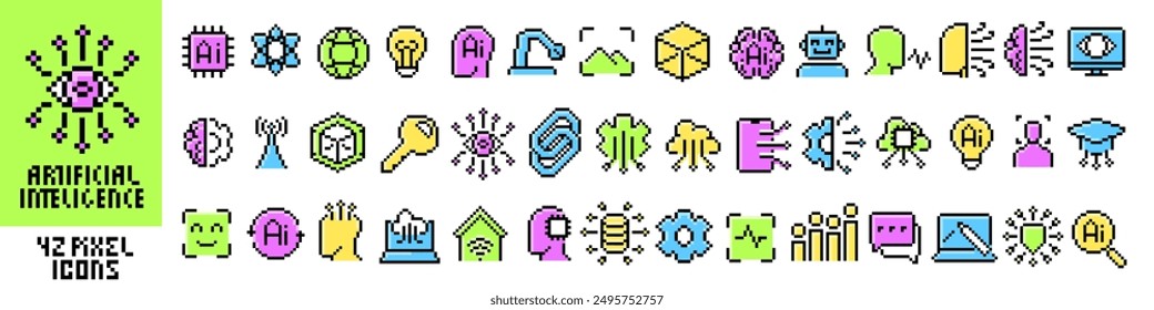Artificial intelligence icon set. Technology symbol. Pixel style.