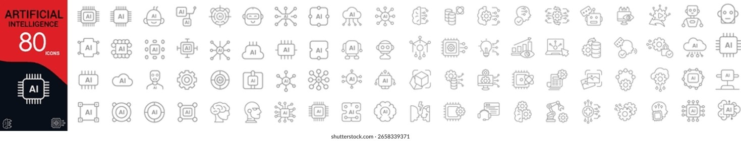Artificial Intelligence icon set. Technology and AI related line icons: robot, machine learning, neural network, data, automation, algorithm, chatbot, computer, smart system and more. Editable stroke.