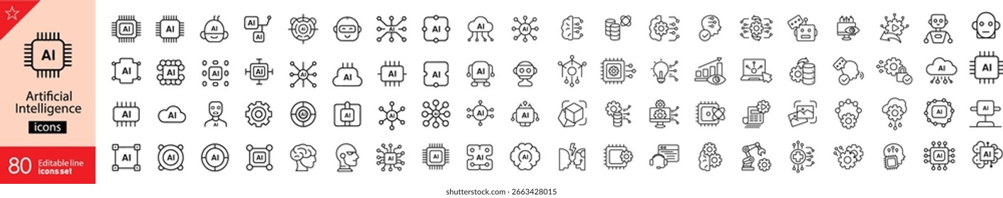 Conjunto de ícones de Inteligência Artificial. Tecnologia e IA relacionados a ícones de linha: robô, aprendizagem de máquina, rede neural, dados, automação, algoritmo, chatbot, computador, sistema inteligente e muito mais. Traçado editável.