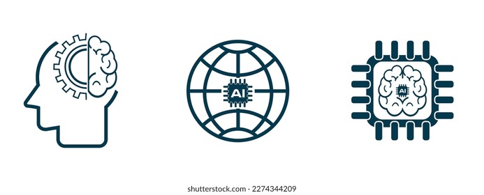 an artificial intelligence icon set of three lines style, machine learning, smart robotic and cloud computing network digital AI technology concepts