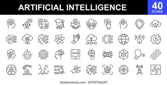 Artificial intelligence icon set. Vector future technology icons. Contains such Icons as decision, ai, artificial intelligence, brainstorming, machine learning, assistant, connection, bot