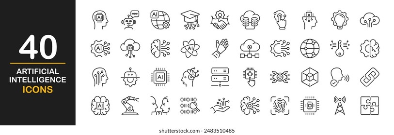 Künstliche Intelligenz Icon Set. Vektorgrafik Zukünftige Technologiesymbole. Enthält solche Icons wie Entscheidung, KI, Künstliche Intelligenz, Brainstorming, Maschinelles Lernen, Assistent, Verbindung, Bot