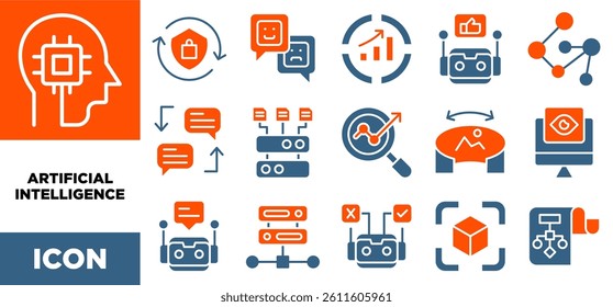 ARTIFICIAL INTELLIGENCE  icon set vector concept illustration. Containing icon of Security, Technology, Chart, Web, Alphabet, Database, Game, Computer,