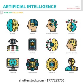 conjunto de iconos de inteligencia artificial, estilo de contorno relleno, vector e ilustración