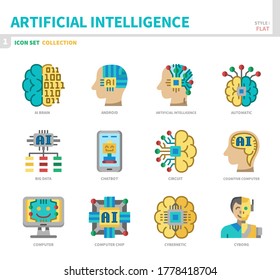 artificial intelligence icon set,flat style,vector and illustration