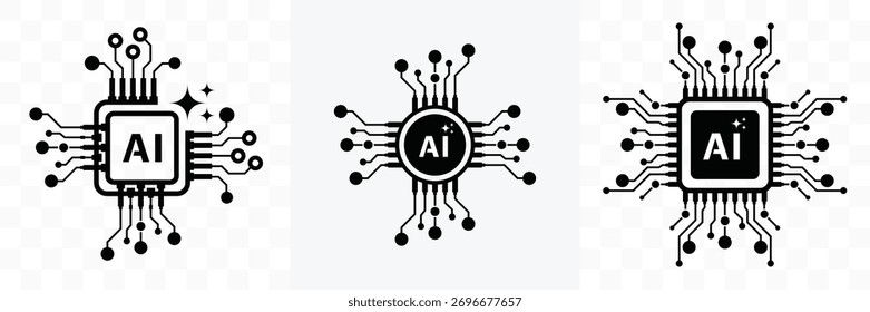 ícone de inteligência artificial set.Generative AI ícone logotipo mágico cintilante estrelas símbolo, logotipo na linha de circuito style.Technology, digital, gráfico de robô chip sinal isolado.vetor ilustração.