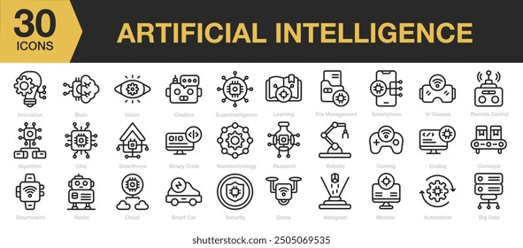 Artificial Intelligence icon sets. Includes innovation, brain, vision, chat box, super intelligence, algorithm, and More. Outline icons vector collection.