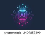 Artificial intelligence icon, sign, logo in the circuit line style. AI processor vector icon flat design. Motherboard digital chip AI. Machine learning design.