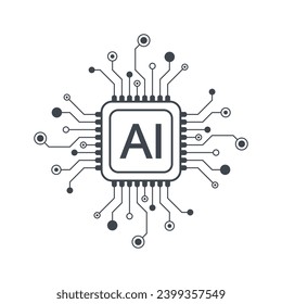 Artificial intelligence icon, sign, logo in the circuit line style. AI processor vector icon flat design. Motherboard digital chip AI. Machine learning design.