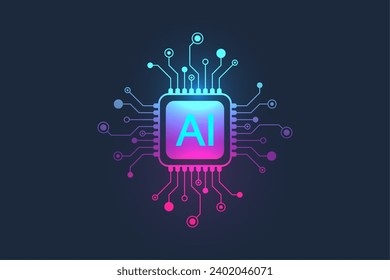 Icono de inteligencia artificial, signo, logotipo en el estilo de la línea de circuito. Diseño plano del icono vectorial del procesador AI. Chip digital de tarjeta madre AI. Aprendizaje automático