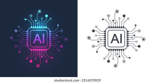 Ícone de inteligência artificial, sinal, logotipo no estilo de linha de circuito. AI processador vetor ícone design plano. AI do chip digital da motherboard Design de aprendizado de máquina.