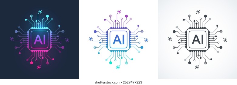 Artificial intelligence icon, sign, logo in the circuit line style. AI processor vector icon flat design. Motherboard digital chip AI. Machine learning design