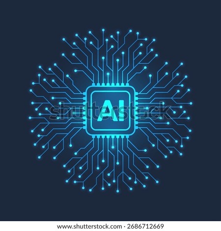 Artificial intelligence icon, sign, logo in the circuit line style. AI processor vector icon flat design. Motherboard digital chip AI. Machine learning design