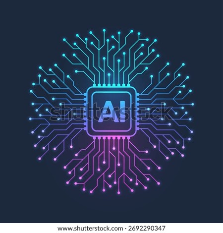 Artificial intelligence icon, sign, logo in the circuit line style. AI processor vector icon flat design. Motherboard digital chip AI. Machine learning design