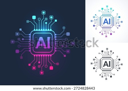 Artificial intelligence icon, sign, logo in the circuit line style. AI processor vector icon flat design. Motherboard digital chip AI. Machine learning design