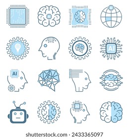 artificial intelligence icon, symbols collection, isolated lined machine AI icon, smart AI and robotic and cloud computing network digital AI technology, vector illustration