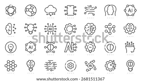 Artificial intelligence icons with brain, neural network, chip, cloud computing, machine learning, innovation, automation, and digital technology symbols