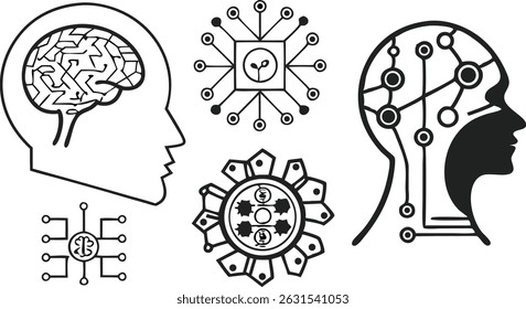 Artificial intelligence icons, brain symbols, computer chip graphics, human head silhouettes, AI concept vector illustration 