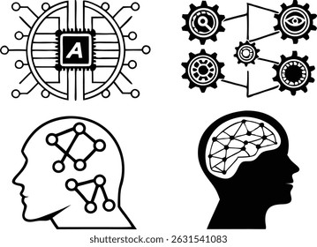 Artificial intelligence icons, brain symbols, computer chip graphics, human head silhouettes, AI concept vector illustration 
