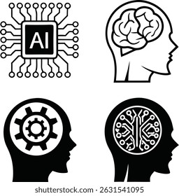 Artificial intelligence icons, brain symbols, computer chip graphics, human head silhouettes, AI concept vector illustration 