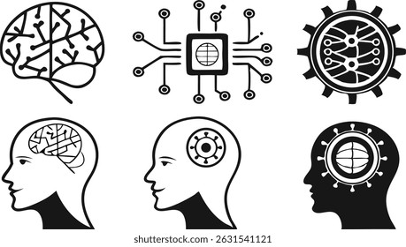 Ícones de inteligência artificial, símbolos cerebrais, gráficos de chip de computador, silhuetas de cabeça humana, ilustração vetorial conceito AI 