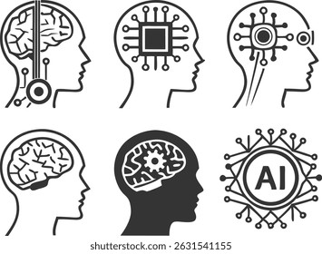 Artificial intelligence icons, brain symbols, computer chip graphics, human head silhouettes, AI concept vector illustration 