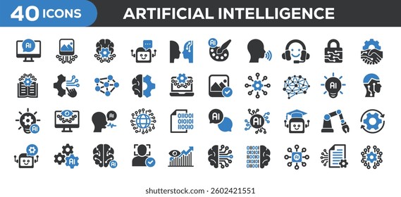 Artificial intelligence icons collection. Related machine learning, automation, technology, robot. Solid colors style icons. Vector illustration isolated on white background