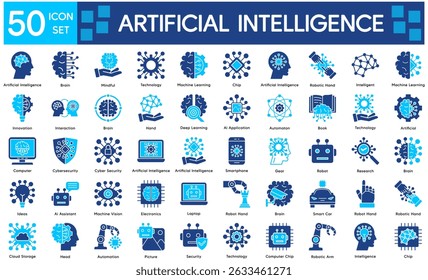 Artificial Intelligence Icons Collection related to Machine Learning, Brain, Mindful, Technology, Chip, Robotic Hand, Intelligent, Innovation, Interaction.