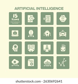 Coleção de ícones de inteligência artificial representando ciência de dados de robótica de aprendizagem de máquina e futuros avanços e inovação tecnológica