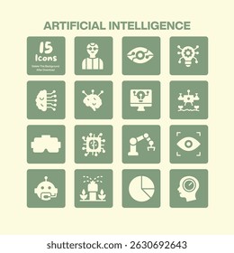 Artificial intelligence icons collection representing machine learning robotics data science and future technology advancements and innovation