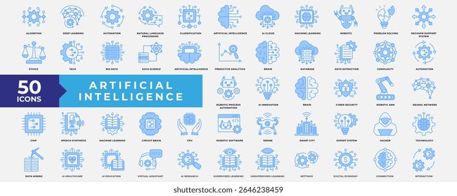 Artificial Intelligence icons collection set. Containing Artificial, intelligence, automation, machine learning, robotic, data science, brain, cyber security and neural network. Simple Blue Vector.