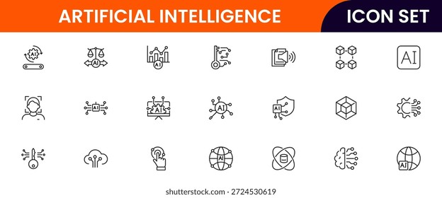 Artificial intelligence icons depicting machine learning, neural networks, automation, robots, data analysis, algorithms, technology, smart systems, AI applications, computing, intelligence