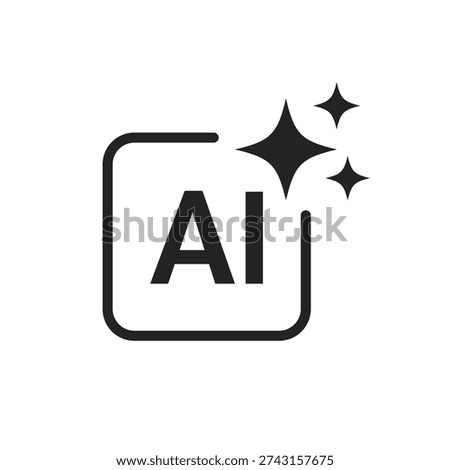 Artificial intelligence icons featuring the letters AI inside a rounded square frame with decorative stars or sparkles. Ideal for representing machine learning, smart technology, and digital innovation.
