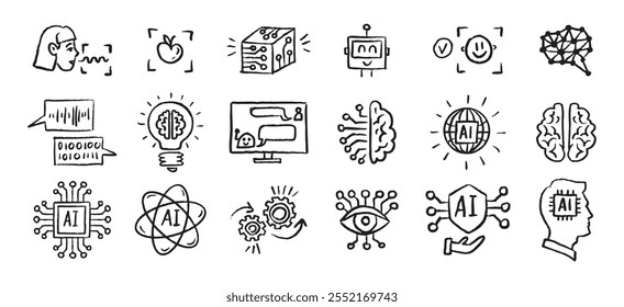 Iconos de Inteligencia Artificial grunge tiza dibujado a mano doodle Brush set. Esquema AI dibujo crayón . Ilustración vectorial