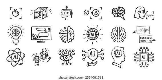 Artificial Intelligence Icons grunge chalk hand drawn doodle Brush set. Outline AI drawing crayon . Vector illustration