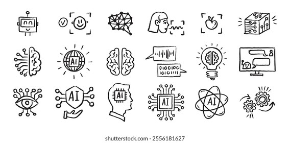 Artificial Intelligence Icons grunge chalk hand drawn doodle Brush set. Outline AI drawing crayon . Vector illustration