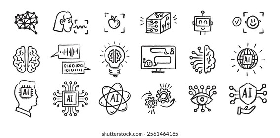 Artificial Intelligence Icons grunge chalk hand drawn doodle Brush set. Outline AI drawing crayon . Vector illustration