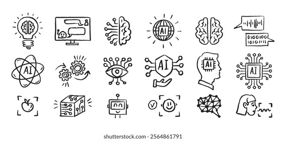 Artificial Intelligence Icons grunge chalk hand drawn doodle Brush set. Outline AI drawing crayon . Vector illustration