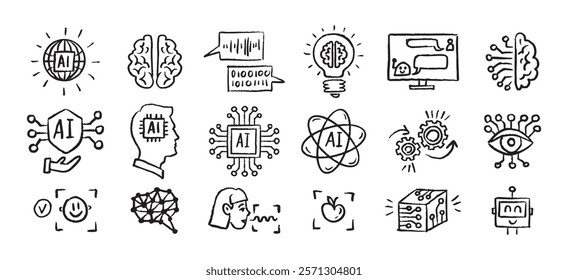 Artificial Intelligence Icons grunge chalk hand drawn doodle Brush set. Outline AI drawing crayon . Vector illustration