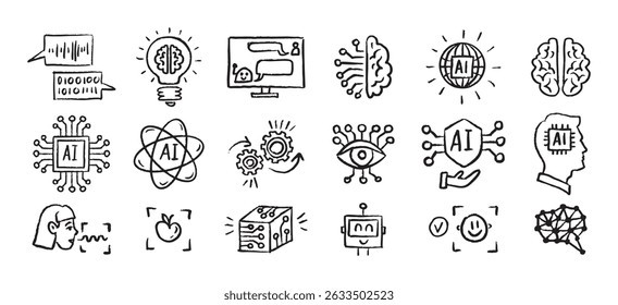 Künstliche Intelligenz Icons grunge Kreide handgezeichnete Doodle Brush Set. Umriss AI Zeichnung Buntstift . Vektorgrafik