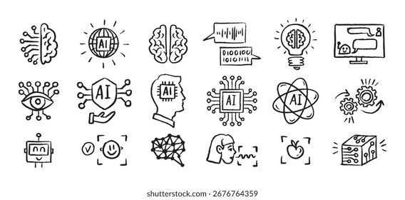 Artificial Intelligence Icons grunge chalk hand drawn doodle Brush set. Outline AI drawing crayon . Vector illustration